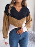 Autumn/Winter Casual Lapel Contrast Color Long Sleeve Knitted V Neck Pullover Sweater