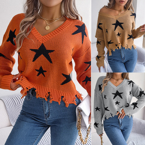Women Casual V-Neck Star Long Sleeve Knitting Sweater