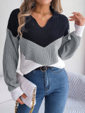 Autumn/Winter Casual Lapel Contrast Color Long Sleeve Knitted V Neck Pullover Sweater
