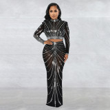 Women's Fashion Mesh Beaded See Through Long Seeve Two Piece Long Skirt Set