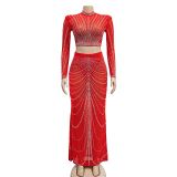 Women's Fashion Mesh Beaded See Through Long Seeve Two Piece Long Skirt Set