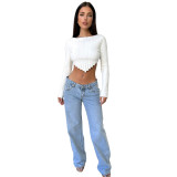 Solid Color Pit Long Sleeve Knitted Crop Tops
