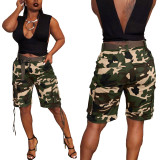 Summer Camouflage Drawstring Multi-pocket Midi Pants without Belt