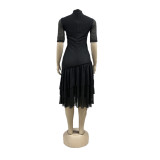 Solid Color Short Sleeve High Neck Midi Dress