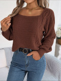 Casual Solid Color Square Neck Twist Lantern Sleeve Knitted Pullover Sweater