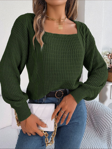 Casual Solid Color Square Neck Twist Lantern Sleeve Knitted Pullover Sweater