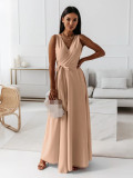 Women Sexy Deep V Neck Pleated Cocktail Party Maxi Dress Sleeveless Formal Evening Gowns