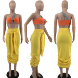 Solid Color Single Shoulder Tube Top + High Waist Pleated Matching Skirt