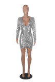 Fashion Deep V Long Sleeve Drawstring Wrapped Nightclub Bodycon Dress