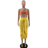 Solid Color Single Shoulder Tube Top + High Waist Pleated Matching Skirt