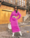 Solid Color Sweater Women High Neck Knit Long Dress without Belt