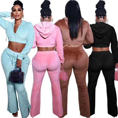 Womens Winter 2 Piece Outfits Velour Tracksuit Zip Up Hoodie Crop Jacket & Pants Sweatsuit Set with Pockets