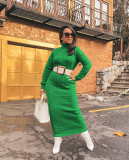 Solid Color Sweater Women High Neck Knit Long Dress without Belt