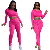 Solid Long Sleeve Tracksuits Crop Tops and High Waist Ruched Skinny Pants Set