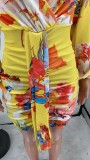 Fashion Print Patchwork Crinkle V Neck Waist Skirt Dresses