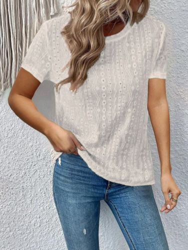 Women's Blouse Short Sleeve Regular Sleeve Blouses Round Neck Hollow Out Casual Solid Color Loose