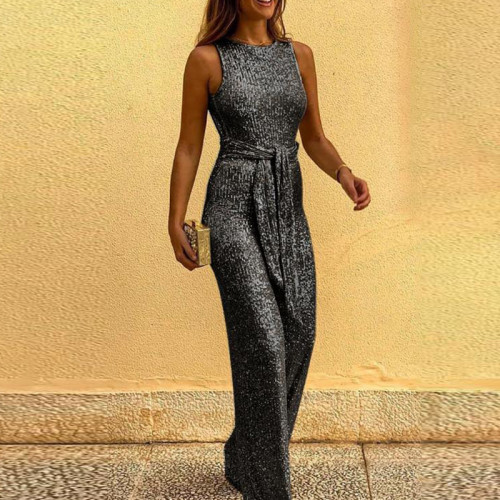Casual Solid Color Round Neck Sleeveless Glitter Jumpsuits