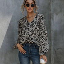 Casual Puff Sleeve Leopard Print Casual V-Neck Loose Long Sleeve Top