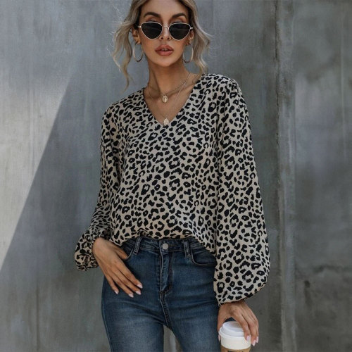 Casual Puff Sleeve Leopard Print Casual V-Neck Loose Long Sleeve Top