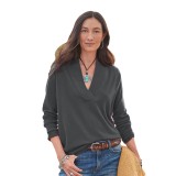 Womens V Neck Casual Loose T Shirt Blouse Ladies Long Sleeve Solid Pullover Tops