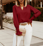 Women Fashion V-Neck Long Sleeve Blouse Shirt Solid Casual Loose Tops