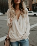 2023 Womens Knitted Deep V-Neck Long Sleeve Wrap Front Loose Sweater Pullover Jumper Tops
