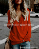 2023 Womens Knitted Deep V-Neck Long Sleeve Wrap Front Loose Sweater Pullover Jumper Tops