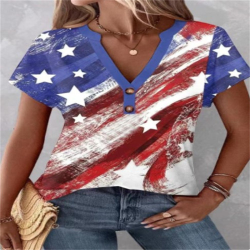 Women's T-shirt Button Printed Pattern American Flag