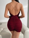 Draped Collar Chain Detail Crisscross Backless Ruched Cami Dress