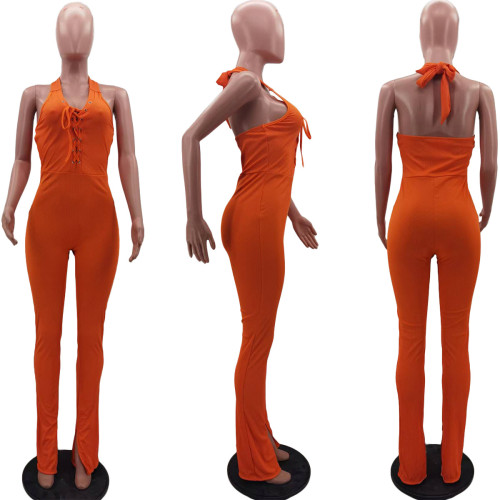 Orange Fashion Sexy Bandage Halter Neck Solid Color Jumpsuit