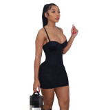 Summer Women's Fashion Coffee Party Low-cut Straps Solid Color High Waist MINI Dress