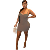 Summer Women's Fashion Coffee Party Low-cut Straps Solid Color High Waist MINI Dress