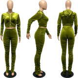 Solid Green Wrinkles Hooded Zipper Crop Top Stacked Pants 2 Piece Sets