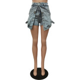Denim Button Fake Two Piece Elastic Waist Skirt Shorts