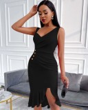Black Women Summer 2022 Fashion Trend Sexy V-neck Solid Sleeveless Pleated Button Dress