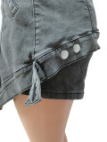Denim Button Fake Two Piece Elastic Waist Skirt Shorts