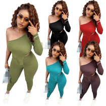 Spring Women's Clothing Sexy Single Shoulder Crop Top and Trousers Bodycon Outfits Sport