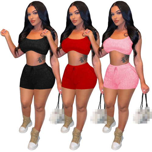 Red Women Two Piece Furry Breathable Sling Shorts Set
