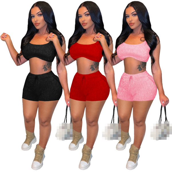Red Women Two Piece Furry Breathable Sling Shorts Set