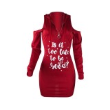 Casual Blue Cold Shoulder Hooded Letter Print Sexy Dresses