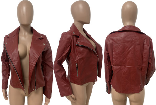 Wine Red Women Clothing Fashion Spring Solid Zipper PU Leather Jacket Casual Coat