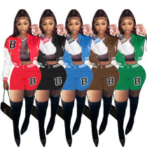 Green/White Air Layer Letter Print Women Fall Two Piece Set Sweatshirt Crop Jacket Top Shorts Sports Baseball Uniform