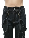 Ladies Cargo Suspenders Loose Casual Denim Trousers