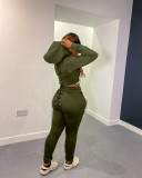 Winter Sports Long Sleeve Two Piece Hoodie Bandage Sweatpant Army Green Set For Women