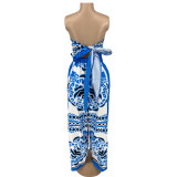 Casual Printed Strapless Wrapped Toop & Trousers