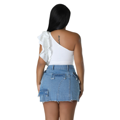 Nightclub Wear Ripped Pocket Split Denim Skirt