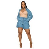 None Stretch Women Denim Jacket and Shorts Two-Piece Set
