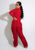 Women 2 Piece Outfits Tassel Fringe Long Sleeve Pants Set High Waisted Sweatsuit Clubwears Set