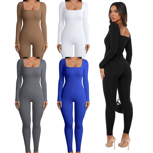 Womens Long Sleeve Jumpsuits Ribbed Yoga Workout One Piece Bodycon Jumpsuit Solid Outfits Sport Clubwear