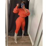 Winter Fashion New Hooded Long Sleeve Solid Color Top and High Waist Tight Pants Knitting Sweater Set